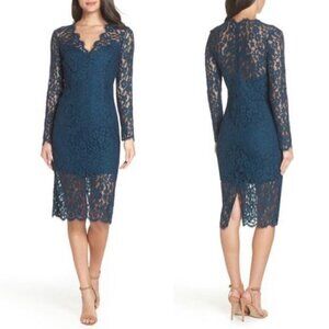 Bardot Midnight teal blue lace shift dress long sleeve women 8